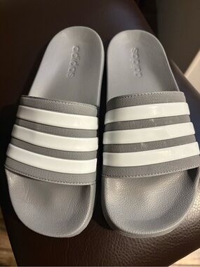 adidas Light Gray Slide Sandals with White Stripes